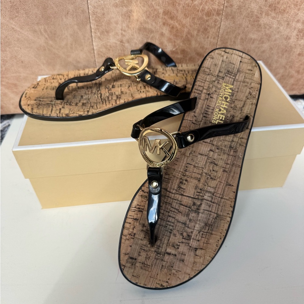 Michael Kors Black and Gold Thong Sandals with Metallic Embellishment